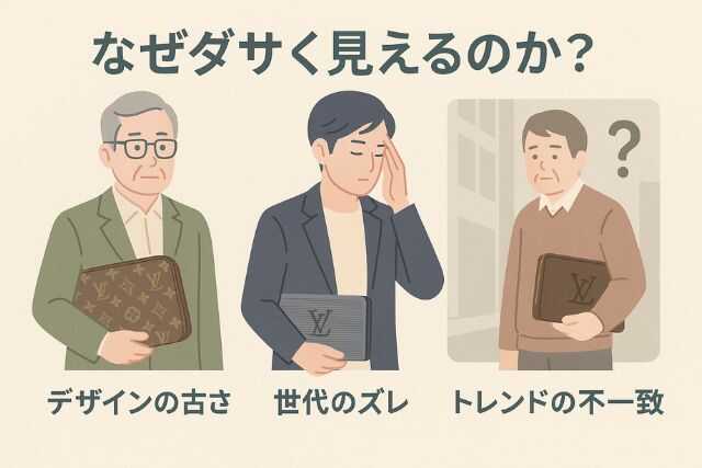 世代や感覚の違いによるヴィトンバッグの印象のギャップを表現した図解
