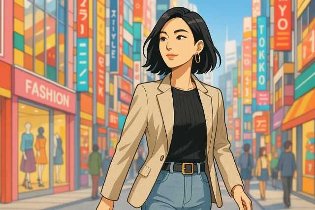 都会でヴィトンのスリムバッグを持つ洗練された日本人