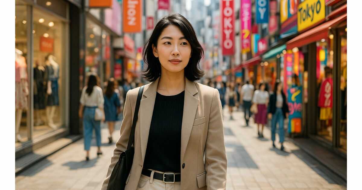 東京の繁華街を歩くトレンドファッションの日本人女性